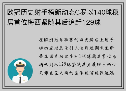 欧冠历史射手榜新动态C罗以140球稳居首位梅西紧随其后追赶129球